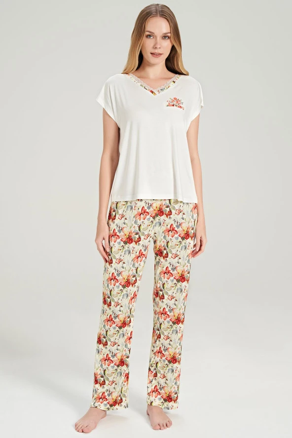 Kadın Büyüj Beden Çicek Desenli V Yaka Pijama Takımı - 6