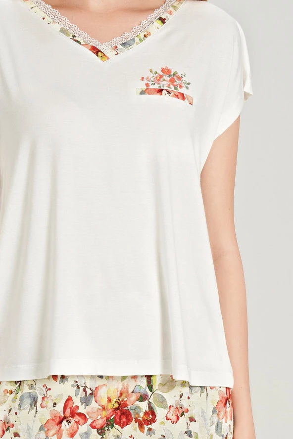 Kadın Büyüj Beden Çicek Desenli V Yaka Pijama Takımı - 7