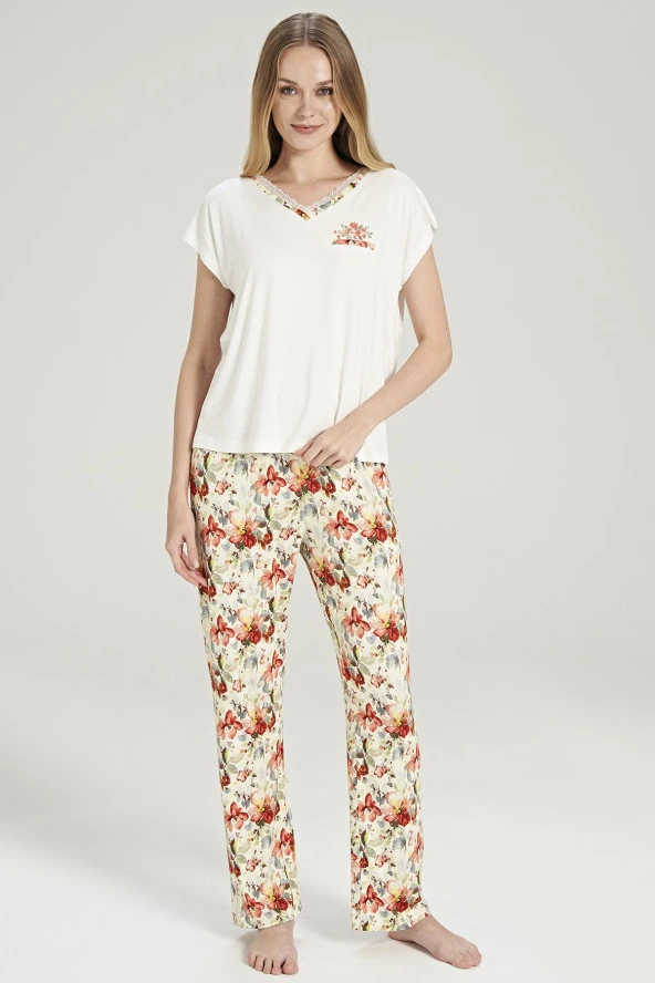 Kadın Büyüj Beden Çicek Desenli V Yaka Pijama Takımı - 8