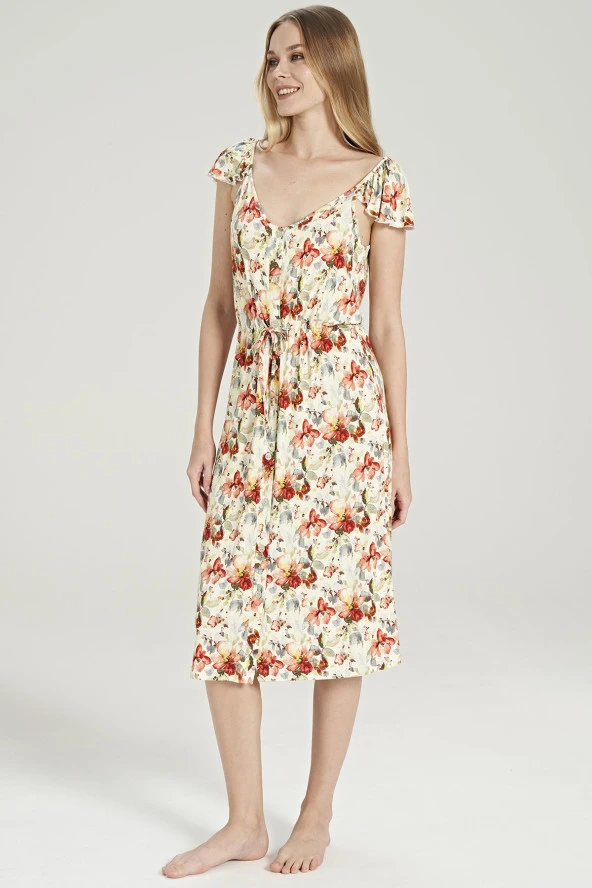 Kadın Çicek Desenli Omuz Detaylı Gecelik Elbise - 2