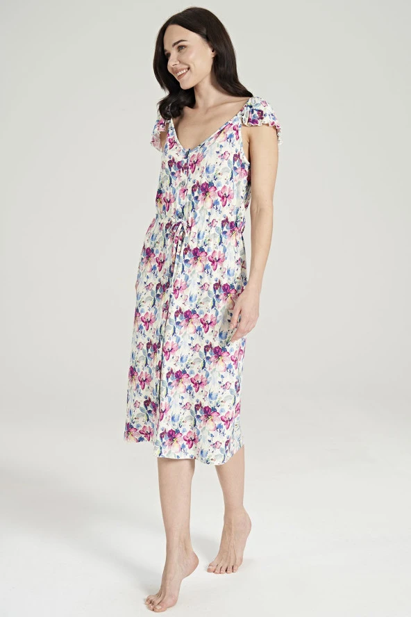 Kadın Çicek Desenli Omuz Detaylı Gecelik Elbise - 7