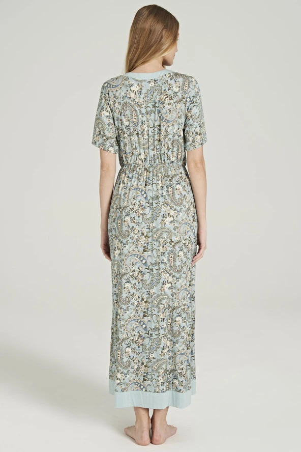 Kadın Klasik Şal Desenli V Yaka Yakası Düğmeli Gecelik Elbise - 2