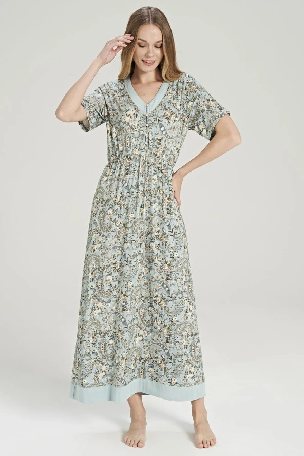 Kadın Klasik Şal Desenli V Yaka Yakası Düğmeli Gecelik Elbise - 3