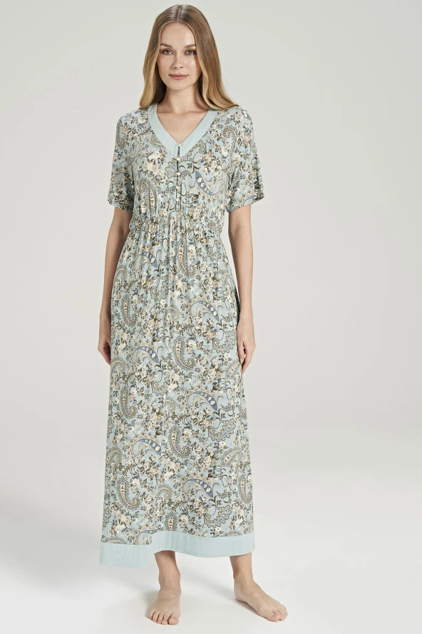 Kadın Klasik Şal Desenli V Yaka Yakası Düğmeli Gecelik Elbise - 4