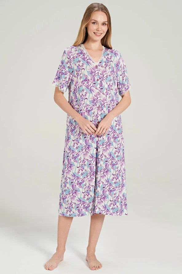 Kadın Yaprak Desenli Önden Düğmeli Yarım Kol Gecelik Elbise - 5