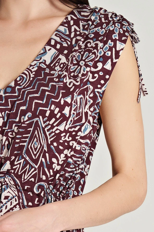 Kadın Etnik Desen Önden Düğmeli V Yaka Gecelik Elbise - 2