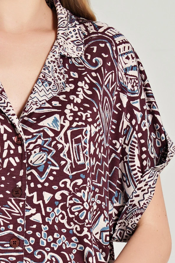Kadın Klasik Etnik Desenli Önden Düğmeli V Yaka Pijama Takımı - 3