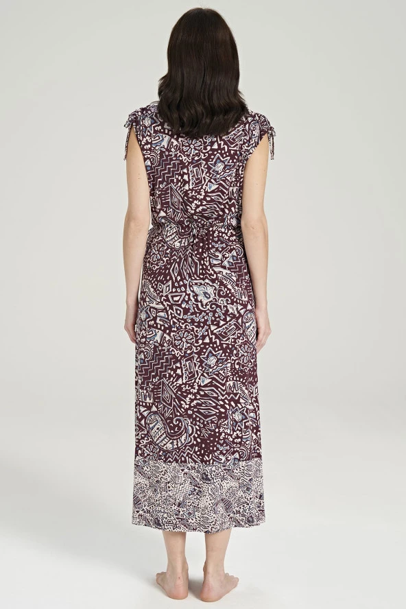 Kadın Etnik Desen Önden Düğmeli V Yaka Gecelik Elbise - 3