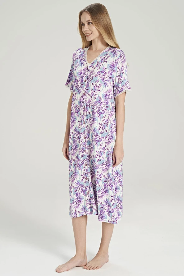 Kadın Yaprak Desenli Önden Düğmeli Yarım Kol Gecelik Elbise - 8