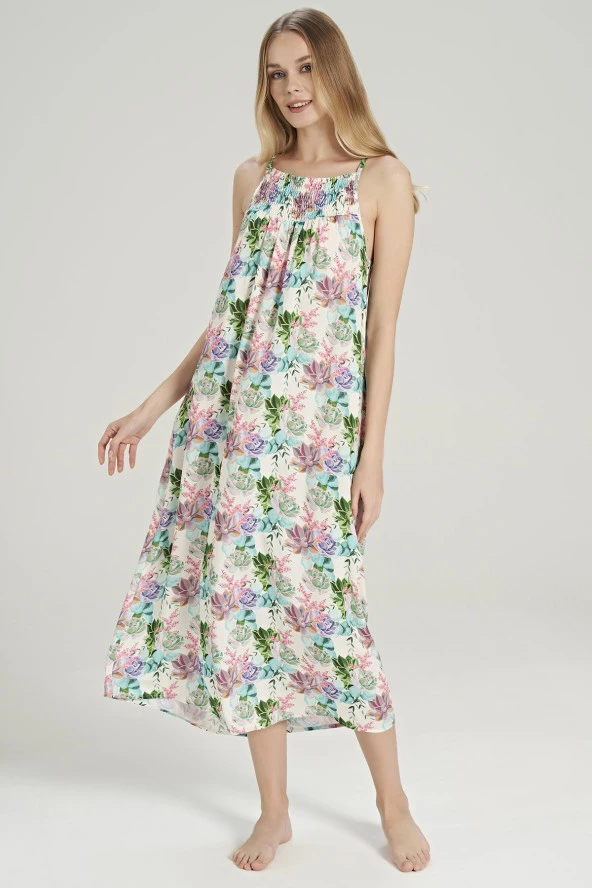 Kadın Lila Çicek Desenli İp Askılı Gecelik Elbise - 3