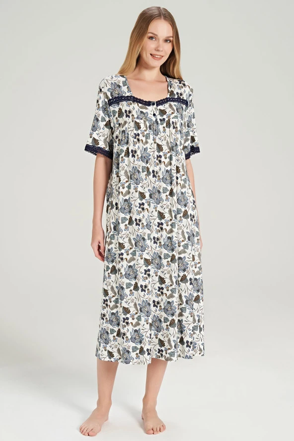 Kadın Çicek Desenli Önden Düğmeli Yarım Kol Gecelik Elbise