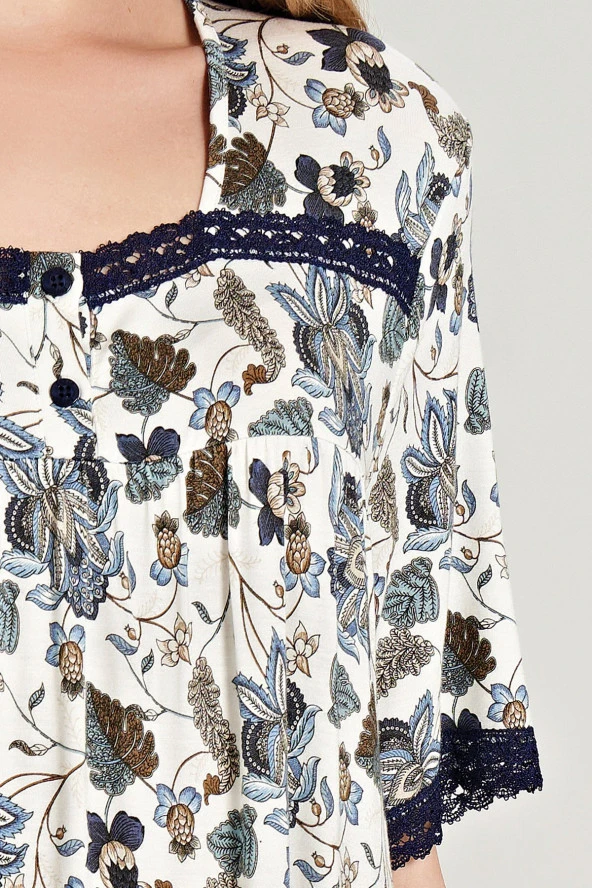 Kadın Çicek Desenli Önden Düğmeli Yarım Kol Gecelik Elbise - 2