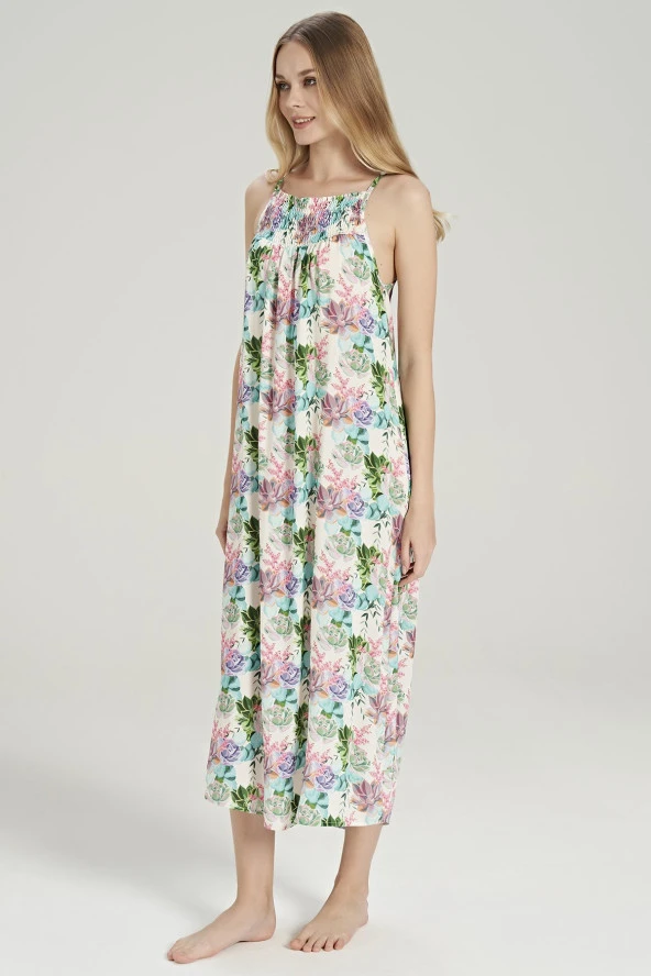 Kadın Lila Çicek Desenli İp Askılı Gecelik Elbise - 2