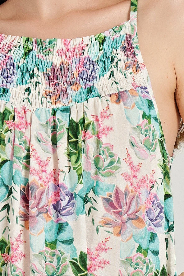 Kadın Lila Çicek Desenli İp Askılı Gecelik Elbise - 4