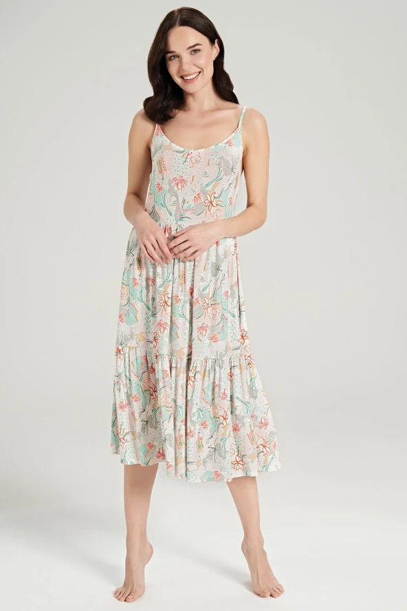 Kadın Çicek Desenli İp Askılı Gecelik Elbise - 5