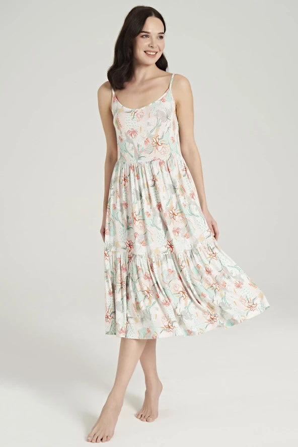 Kadın Çicek Desenli İp Askılı Gecelik Elbise - 6