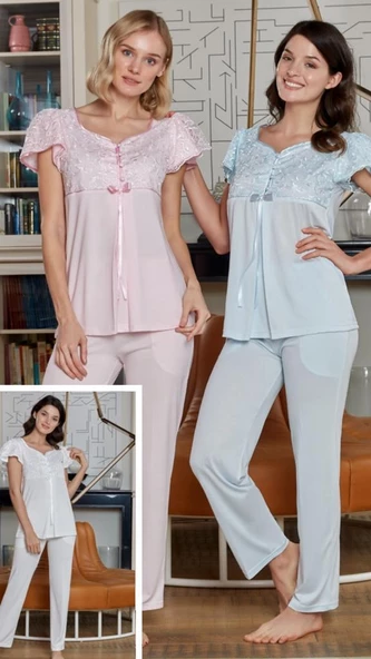 BONE CLUB 4714 HAMİLE LOHUSA LEZ DANTELLİ LOHUSA PİJAMA TAKIMI - Resim 2