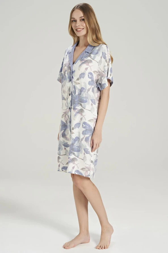 Kadın Pamuklu Çicek Desenli Önden Düğmeli Gömlek Yaka Gecelik Elbise - 3