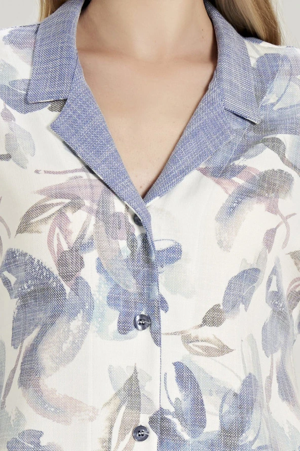 Kadın Pamuklu Çicek Desenli Önden Düğmeli Gömlek Yaka Gecelik Elbise - 2