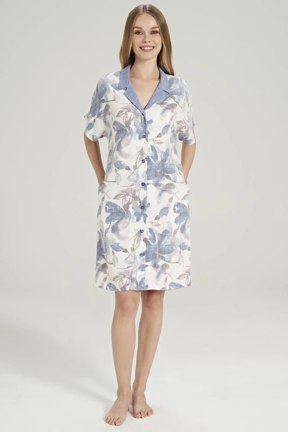 Kadın Pamuklu Çicek Desenli Önden Düğmeli Gömlek Yaka Gecelik Elbise - 4