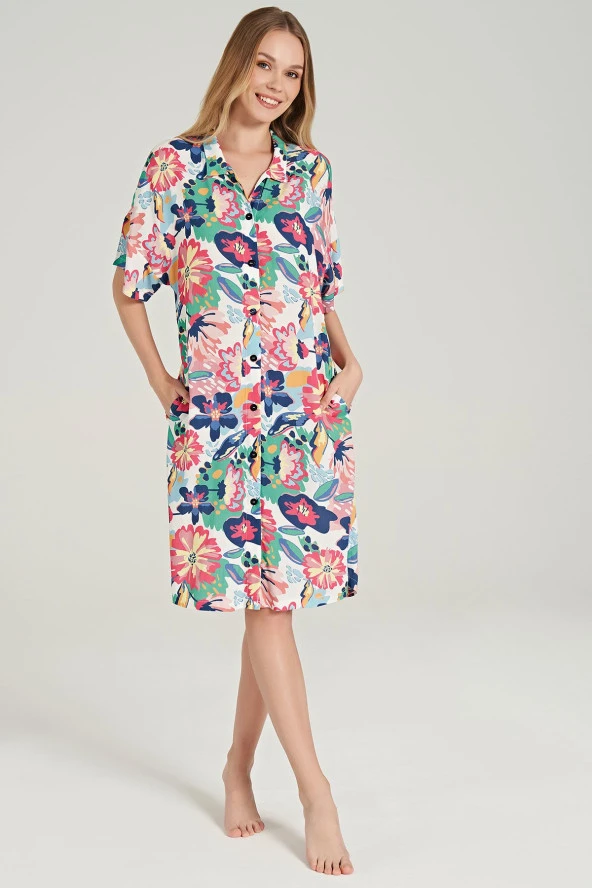 Kadın Pamuklu Çicek Desenli Önden Düğmeli Yarım Kol Gecelik Elbise - 2