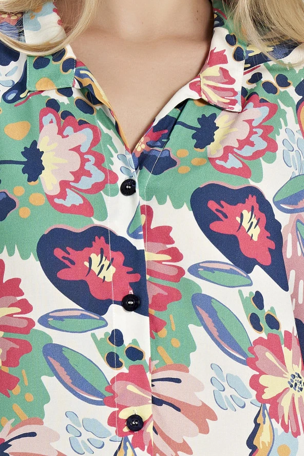 Kadın Pamuklu Çicek Desenli Önden Düğmeli Yarım Kol Gecelik Elbise - 3