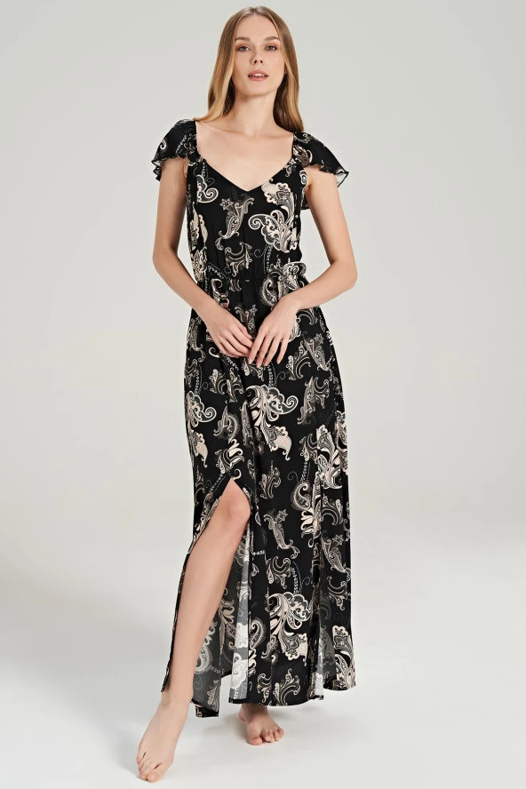 Kadın Pamuklu Şal Desenli Omuz Detaylı Eteği Yırtmaçlı Gecelik Elbise