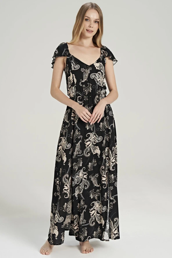 Kadın Pamuklu Şal Desenli Omuz Detaylı Eteği Yırtmaçlı Gecelik Elbise - 3