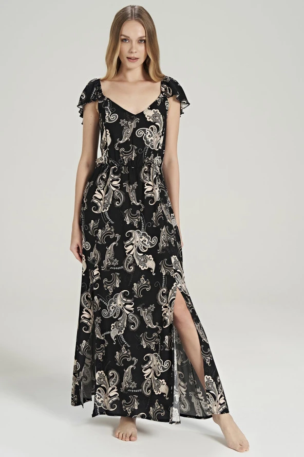 Kadın Pamuklu Şal Desenli Omuz Detaylı Eteği Yırtmaçlı Gecelik Elbise - 4