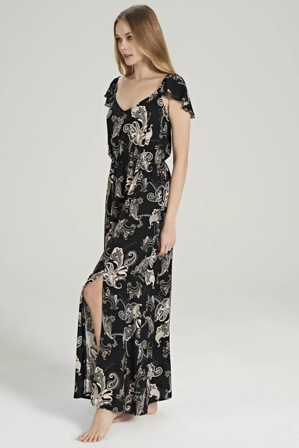 Kadın Pamuklu Şal Desenli Omuz Detaylı Eteği Yırtmaçlı Gecelik Elbise - 5