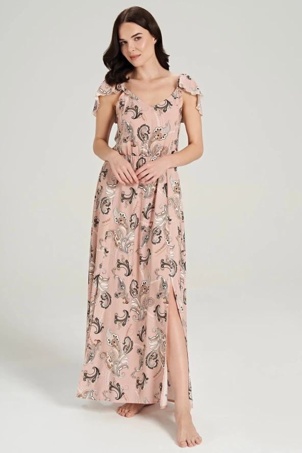 Kadın Pamuklu Şal Desenli Omuz Detaylı Eteği Yırtmaçlı Gecelik Elbise - 9