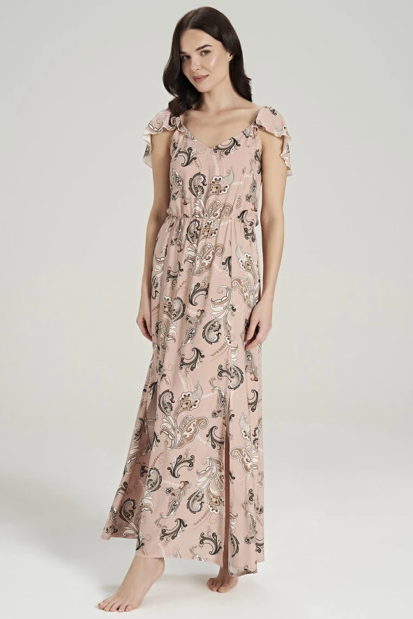 Kadın Pamuklu Şal Desenli Omuz Detaylı Eteği Yırtmaçlı Gecelik Elbise - 10