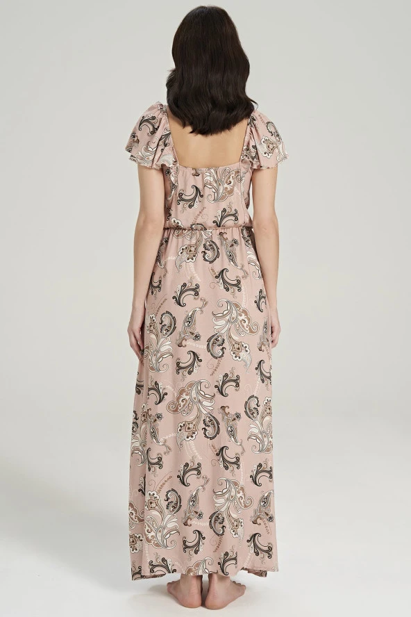 Kadın Pamuklu Şal Desenli Omuz Detaylı Eteği Yırtmaçlı Gecelik Elbise - 11