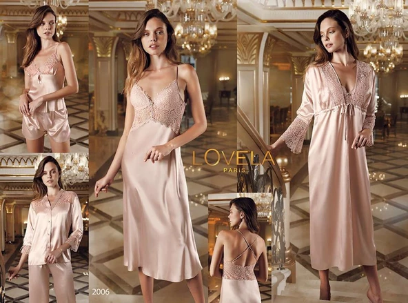 LOWELA PARİS 2006 PUDRA  Saten Uzun Gecelikli 6 Lı Çeyiz Seti