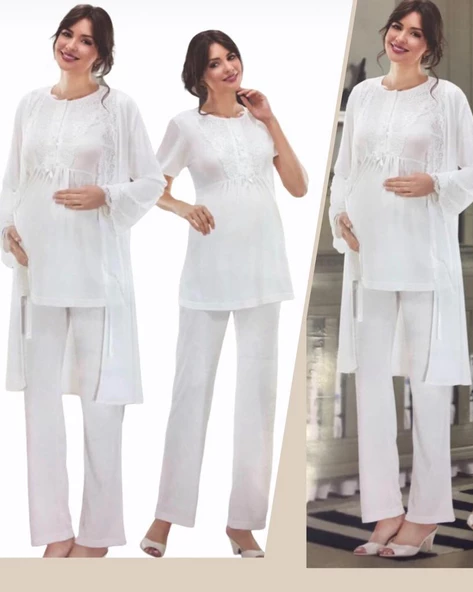 NEHİR 2036 Hamile Lohusa 3Lü Pijama Sabahlık Takım - 2