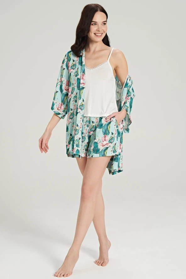 Kadın Pamuklu 3'lü Yaprak Desenli Pijama Takımı - 5