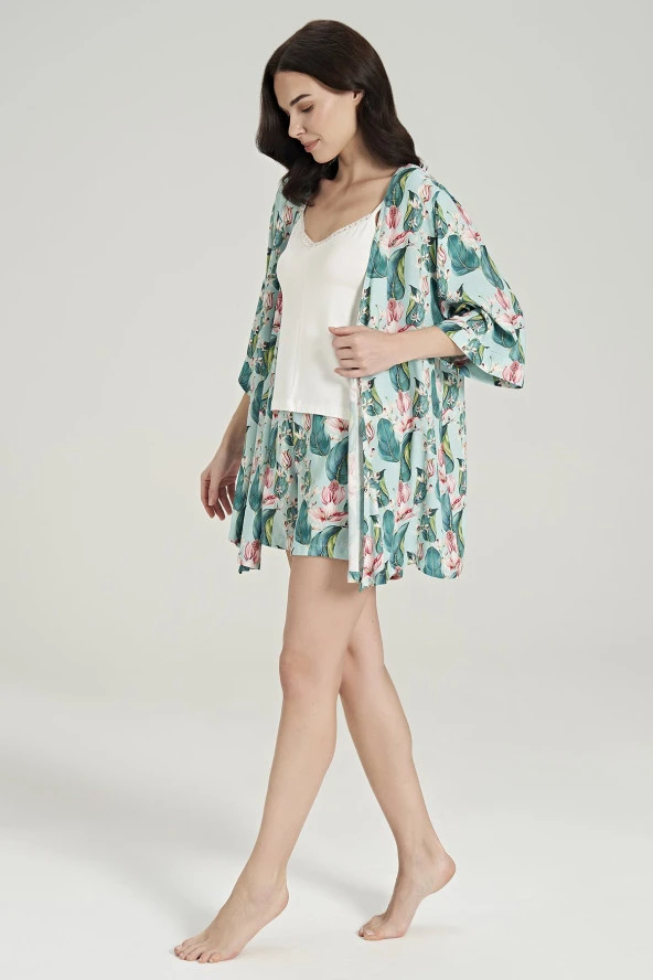 Kadın Pamuklu 3'lü Yaprak Desenli Pijama Takımı - 7