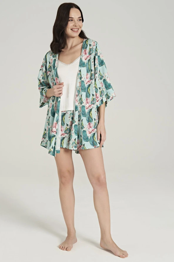 Kadın Pamuklu 3'lü Yaprak Desenli Pijama Takımı - 8