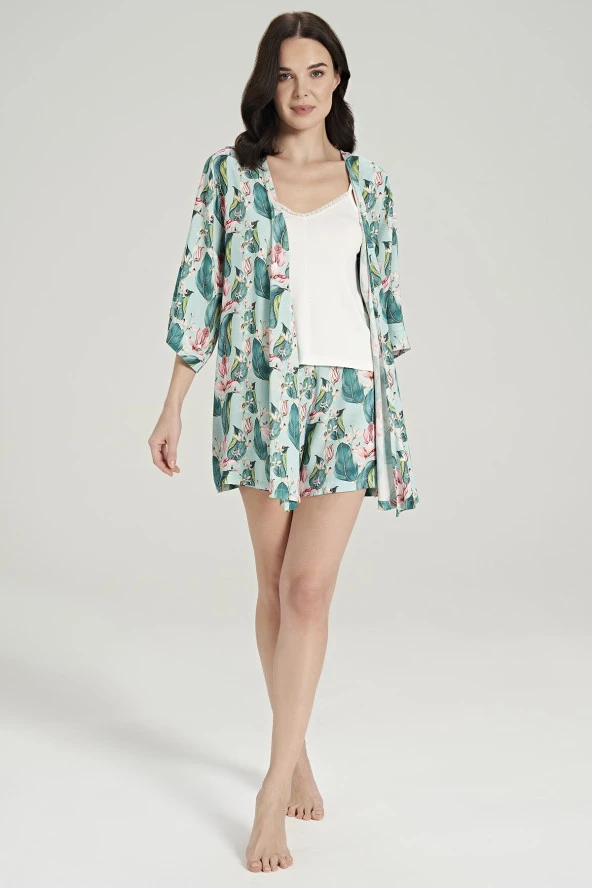 Kadın Pamuklu 3'lü Yaprak Desenli Pijama Takımı - 10