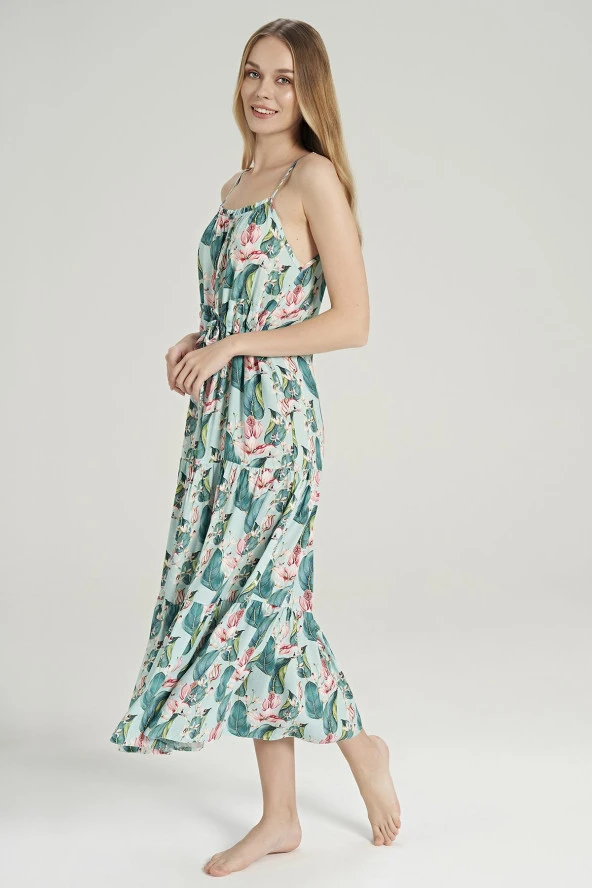 Kadın Pamuklu İp Askılı Yaprak Desenli Gecelik Elbise - 2