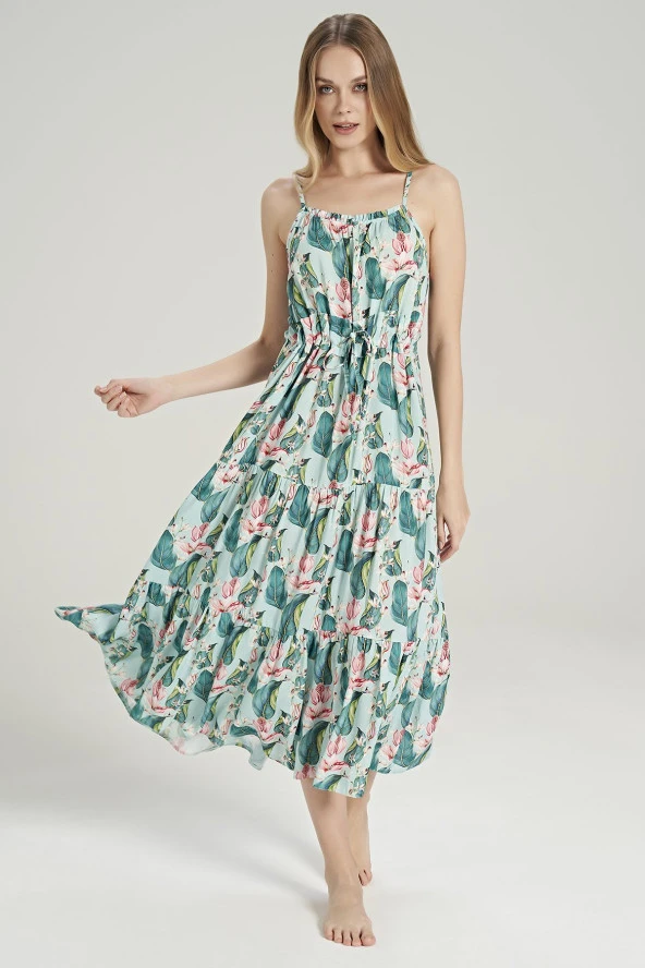 Kadın Pamuklu İp Askılı Yaprak Desenli Gecelik Elbise - 4