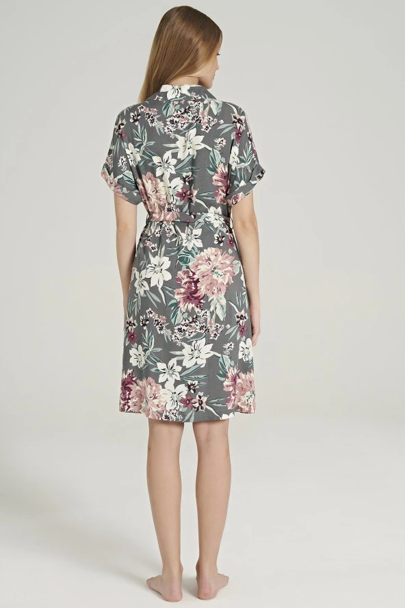 Kadın Pamuklu Önden Düğmeli Beli Kuşaklı Gecelik Elbise - 5