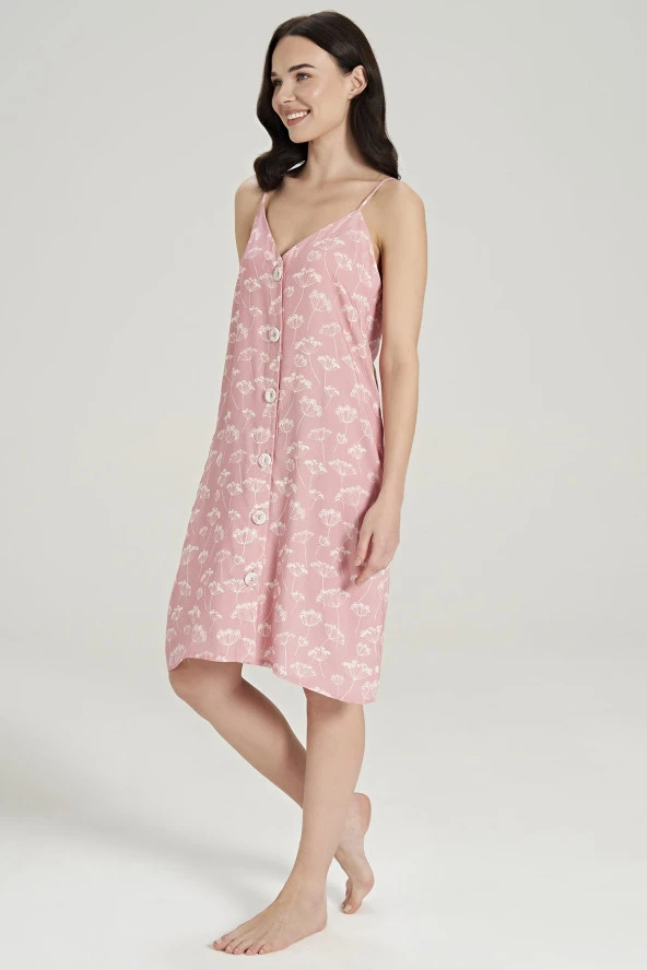 Kadın Pamuklu Önden Düğmeli İp Askılı Gecelik Elbise - 4