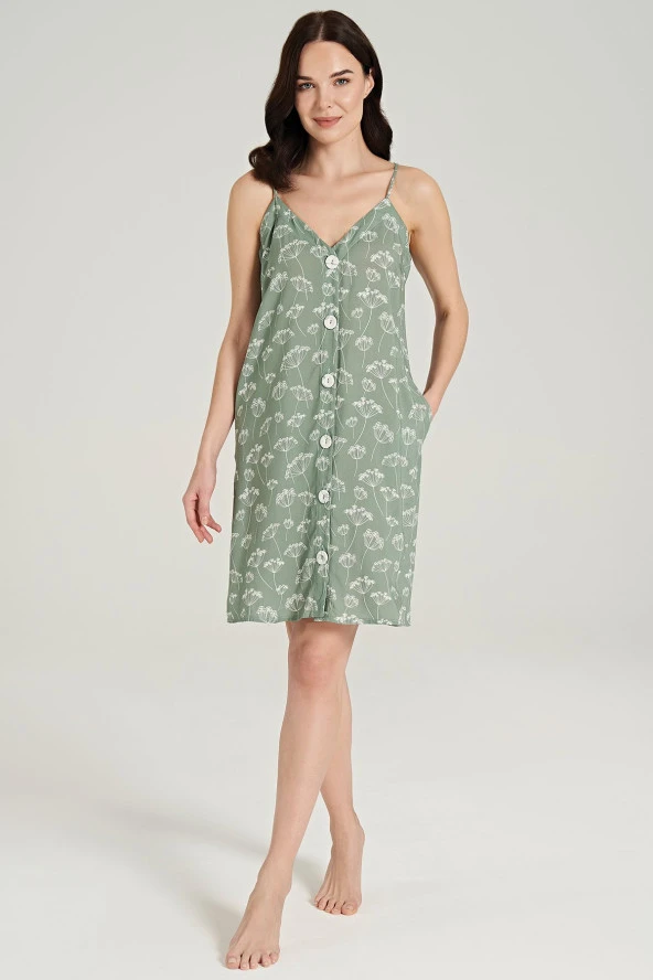 Kadın Pamuklu Önden Düğmeli İp Askılı Gecelik Elbise - 6