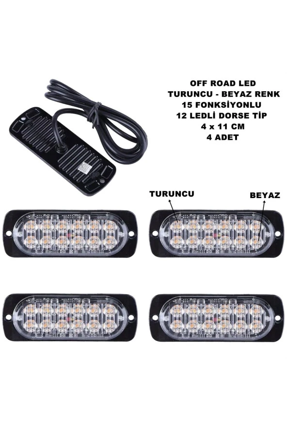 Friemats Off Road Led Lamba Turuncu - Beyaz 15 Fonksiyonlu Dorse Tip 12 Led 4 X 11 Cm 4 Adet -