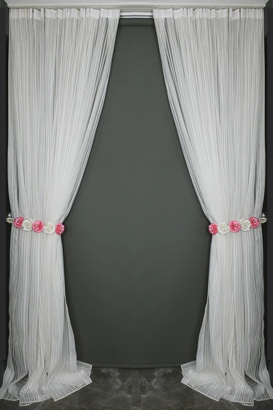 MAKARNA 150 MODEL ALTIN SİMLİ KIRIK BEYAZ RENK HAZIR DİKİLMİŞ PİLELİ TÜL PERDE 300*260 - Resim 6