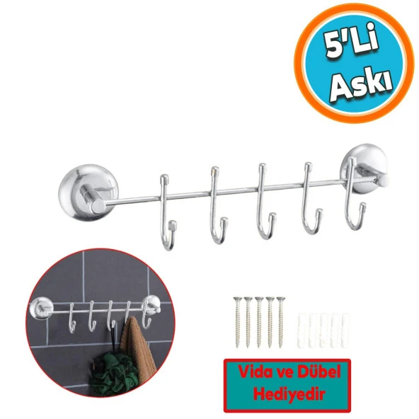 5'li Vidalı Askılık Metal Banyo Lavabo Sağlam Aparat Krom Askılık Elbise Havlu Asma Askı