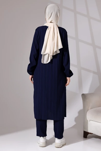 Kadın Bürümcük Kumaş Gizli Fermuarlı İkili Takım Hac Umre Kıyafeti Lacivert - Resim 5