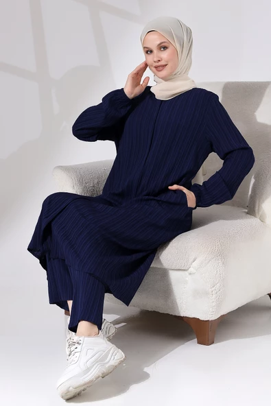Kadın Bürümcük Kumaş Gizli Fermuarlı İkili Takım Hac Umre Kıyafeti Lacivert - Resim 6