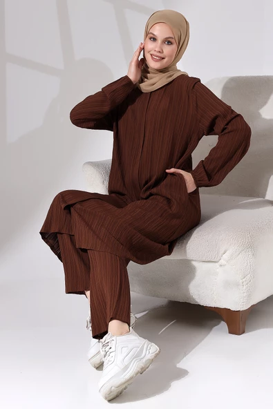 Kadın Bürümcük Kumaş Gizli Fermuarlı İkili Takım Hac Umre Kıyafeti Kahve - Resim 7